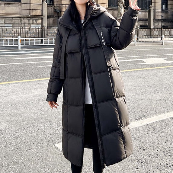 Uootdi Winter Clothing for Women Winter Warm Long Puffer Jacket with Hood Lightweight Quilted Full Zip Long Sleeve Padded Coat with Pockets Gift