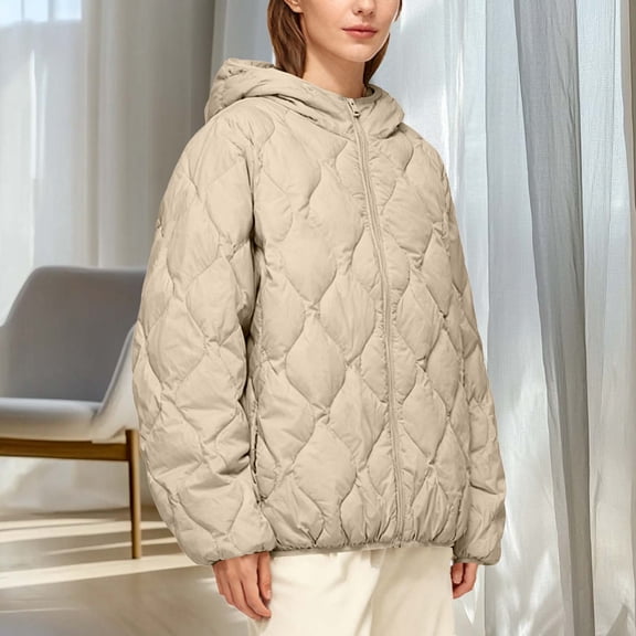 Uootdi Winter Clothing for Women Zip Up Quilted Hooded Jackets for Women Thick Warm Puffer Padded Long Sleeve Outerwear