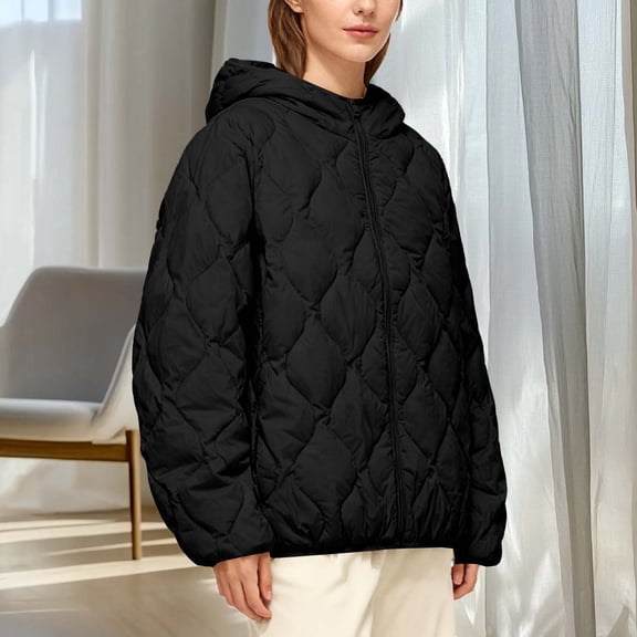 Uootdi Winter Clothing for Women Zip Up Quilted Hooded Jackets for Women Thick Warm Puffer Padded Long Sleeve Outerwear