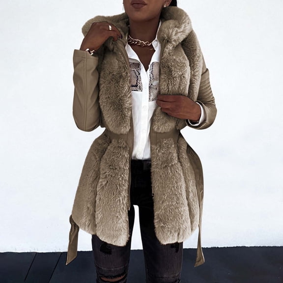 Uootdi Winter Jackets for Women Hood Zip up Fleece Faux Leather Patchword Coats Casual Elegant Warm Outerwear with Belt Gift
