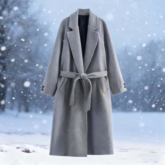 Uootdi Women Notch Lapel Pea Coats Wool Blend Mid Long Trench Coat Casual Open Front Cardigan Jackets Overcoat with Belt