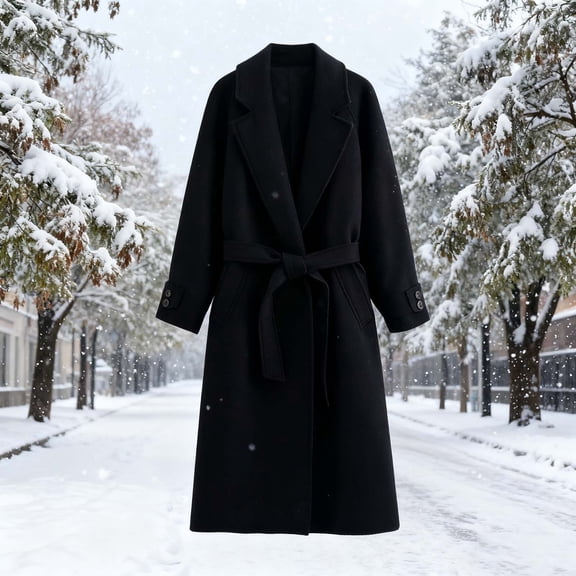 Uootdi Women Notch Lapel Pea Coats Wool Blend Mid Long Trench Coat Casual Open Front Cardigan Jackets Overcoat with Belt