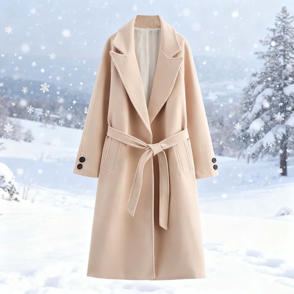 Uootdi Women Notch Lapel Pea Coats Wool Blend Mid Long Trench Coat Casual Open Front Cardigan Jackets Overcoat with Belt