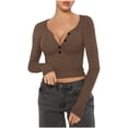 thumbnail image 1 of Uootdi Women Sexy Long Sleeve Henley T Shirts V Neck Button Down Tight Slim Gift Fitted Top Y2K Slim Fitted Blouse, 1 of 6
