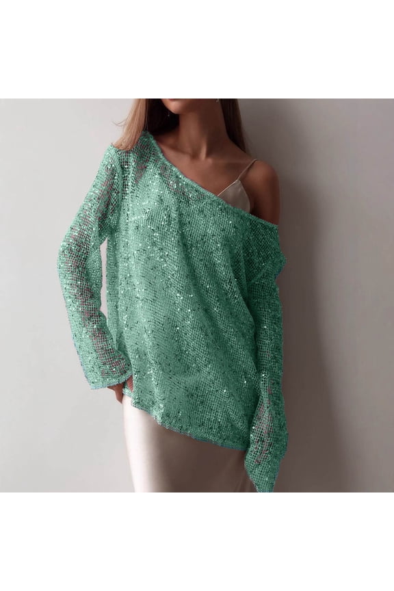 Women Sexy Shiny Crochet Sheer Mesh See Through Pullover Tops Long Sleeve Hollow Gift Out Sequin Fishnet Knit Shirt for