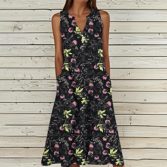 Uootdi Women Sleeveless V Neck Lily Print Floral Print Dresses Casual Maxi Dresses Beach Street Style Gift
