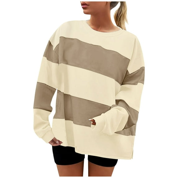 Uootdi Women Striped Color Block Long Sleeve Gift Sweatshirt Oversized Crewneck Loose Striped Fleece Pullover Clothes