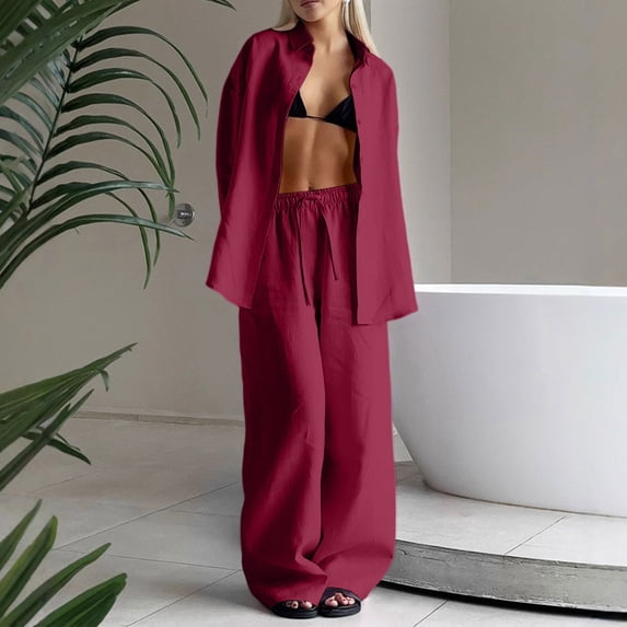 Uootdi Women's 2 Piece Matching Lounge Set Long Sleeve Oversized Button Down Shirt Drawstring High Waist Wide Leg Linen Pants Set