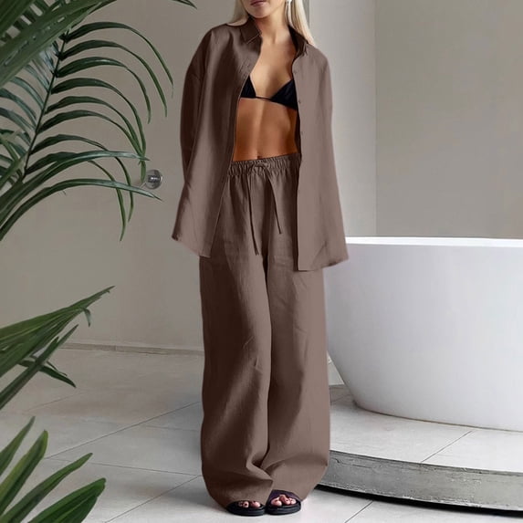 Uootdi Women's 2 Piece Matching Lounge Set Long Sleeve Oversized Button Down Shirt Drawstring High Waist Wide Leg Linen Pants Set