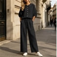 thumbnail image 1 of Uootdi Women's 2 Piece Matching Lounge Set Puff Sleeve Peter Pan Collar Button Top Drawstring Wide Leg Linen Pants Set with Pockets, 1 of 7