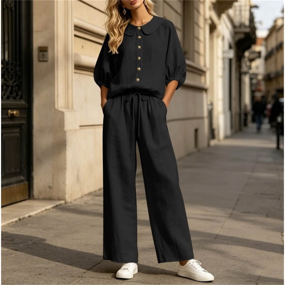 Uootdi Women's 2 Piece Matching Lounge Set Puff Sleeve Peter Pan Collar Button Top Drawstring Wide Leg Linen Pants Set with Pockets