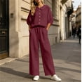 thumbnail image 1 of Uootdi Women's 2 Piece Matching Lounge Set Puff Sleeve Peter Pan Collar Button Top Drawstring Wide Leg Linen Pants Set with Pockets, 1 of 7