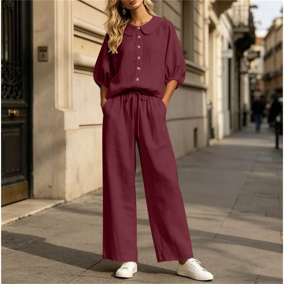 Uootdi Women's 2 Piece Matching Lounge Set Puff Sleeve Peter Pan Collar Button Top Drawstring Wide Leg Linen Pants Set with Pockets