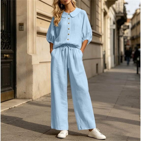 Uootdi Women's 2 Piece Matching Lounge Set Puff Sleeve Peter Pan Collar Button Top Drawstring Wide Leg Linen Pants Set with Pockets