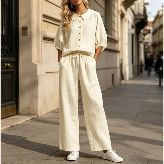 Uootdi Women's 2 Piece Matching Lounge Set Puff Sleeve Peter Pan Collar Button Top Drawstring Wide Leg Linen Pants Set with Pockets
