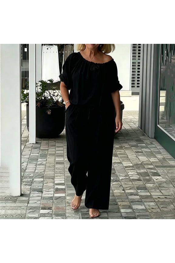 Women's 2 Piece Matching Lounge Set Short Sleeve Off Shoulder Drawstring Blouse Elastic High Waist Wide Leg Linen Pants Set