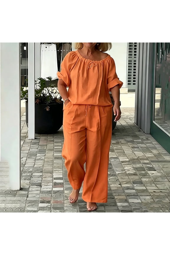 Women's 2 Piece Matching Lounge Set Short Sleeve Off Shoulder Drawstring Blouse Elastic High Waist Wide Leg Linen Pants Set