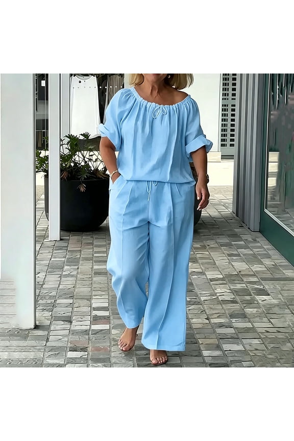 Women's 2 Piece Matching Lounge Set Short Sleeve Off Shoulder Drawstring Blouse Elastic High Waist Wide Leg Linen Pants Set