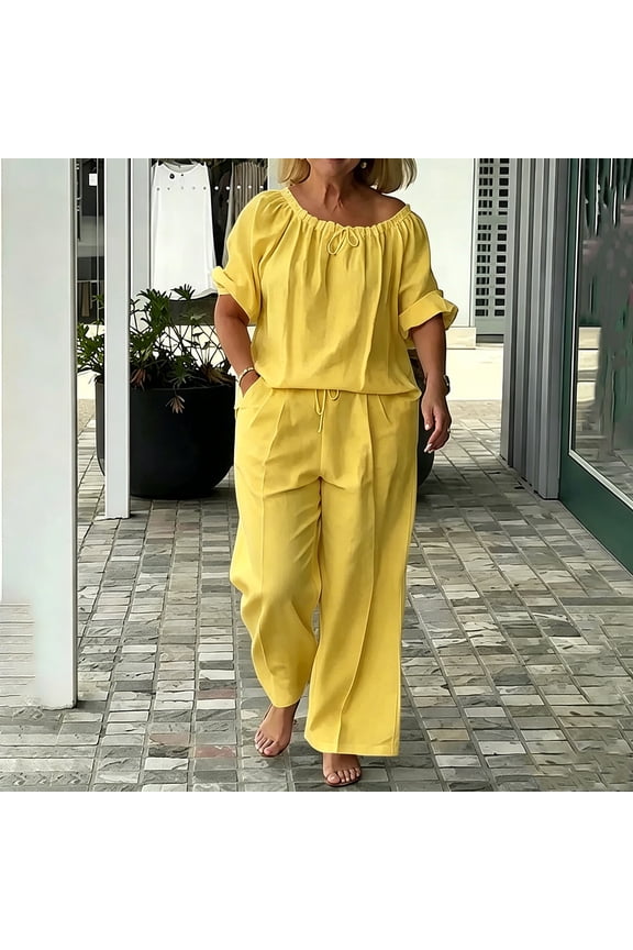 Women's 2 Piece Matching Lounge Set Short Sleeve Off Shoulder Drawstring Blouse Elastic High Waist Wide Leg Linen Pants Set