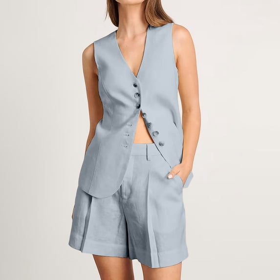 Uootdi Women's 2 Piece Matching Lounge Set Sleeveless V Neck Button Down Vest High Waist Pleated Linen Shorts Set with Pockets