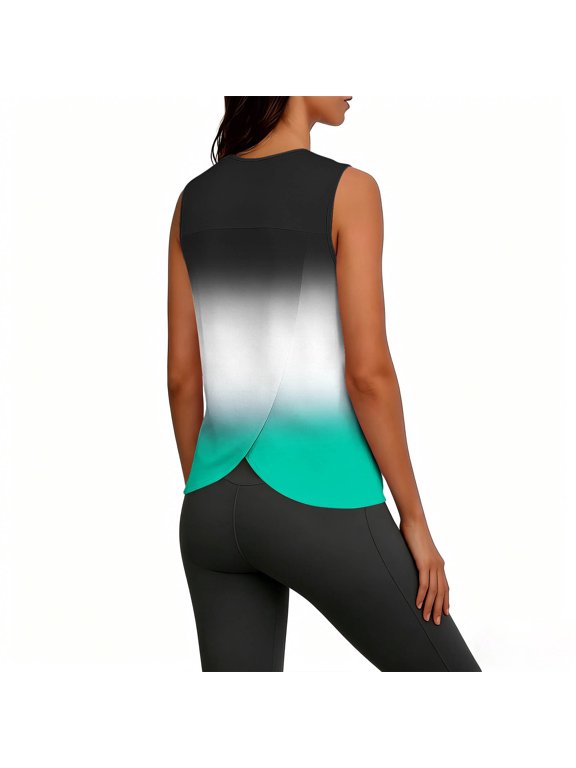 Women's Activewear Gradient Color Back Split Sleeveless Solid Tops Gym Training Style Soft Stretchy Slim Fit Shirts Gift