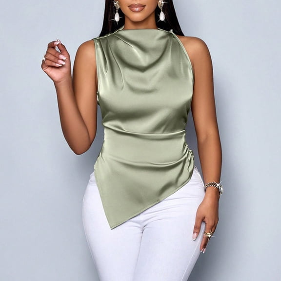 Uootdi Women's Asymmetric Hem Satin Sleeveless Blouses Dressy Ruched Office Blouse Elegant Business Casual Tank Tops Gift