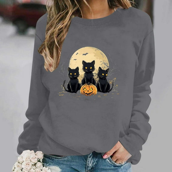 Uootdi Women's Black Crew Neck Sweatshirt with Halloween - themed Print (Black Cats, Pumpkin Lantern, Moon, Bats), Spooky Festive Style for Halloween Outfits