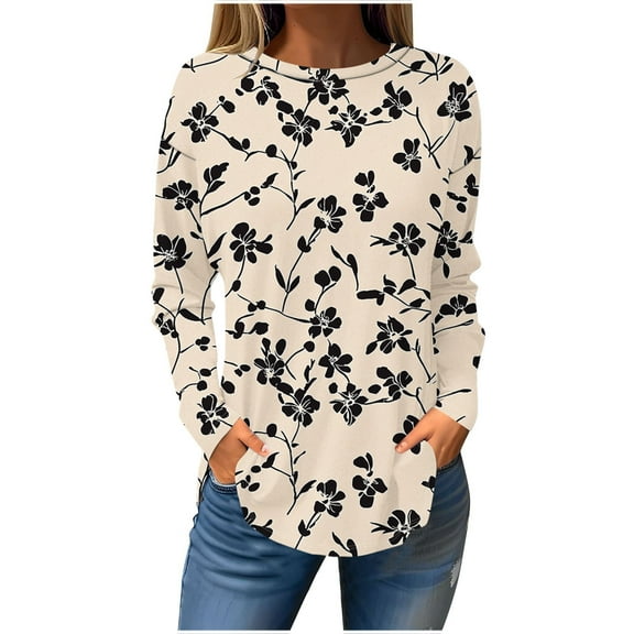 Uootdi Women's Black White Floral Print Top, Crew Neck Long Sleeve with Pockets, Casual Loose Fit, Fall Fashion Basic Pullover Khaki Women Tops