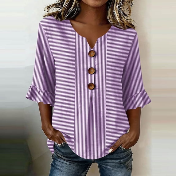 Uootdi Women's Blouses 3/4 Sleeve V Neck Ruffle Hem Striped Print Tops Retro Inspired Office & Weekend Wear Tunic Shirts Gift