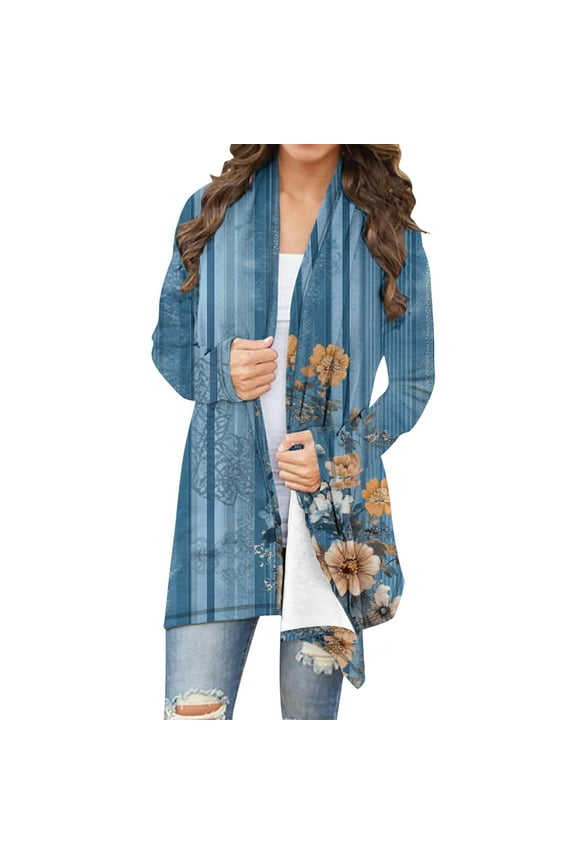 Women's Blue Striped Floral Print Cardigan Duster Long Open Front Kimono Jacket Lightweight Boho Casual Spring Summer Trendy Outerwear Multicolor Women Top
