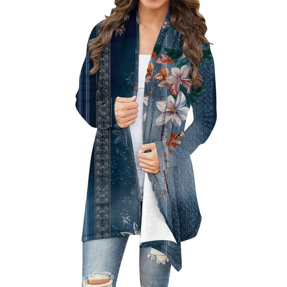 Uootdi Women's Boho Floral Print Cardigan Duster Long Open Front Kimono Jacket Lightweight Patchwork Casual Spring Summer Trendy Outerwear Multicolor Women Top