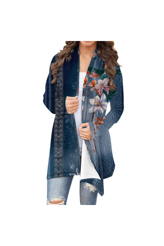 Women's Boho Floral Print Cardigan Duster Long Open Front Kimono Jacket Lightweight Patchwork Casual Spring Summer Trendy Outerwear Multicolor Women Top