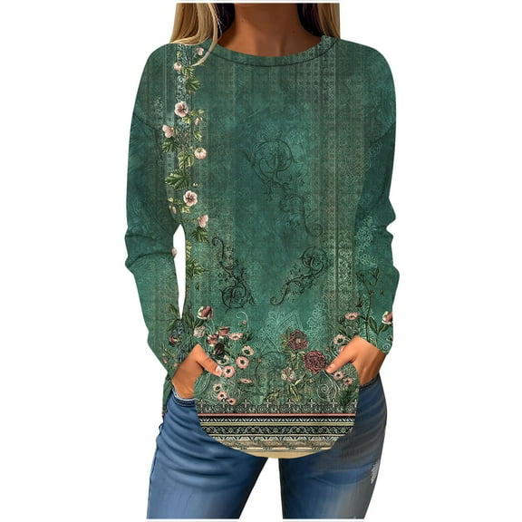 Uootdi Women's Boho Floral Print Sweatshirt Crew Neck Long Sleeve Pocket Casual Fall Festival Hippie Trendy Top Army Green Women Tops