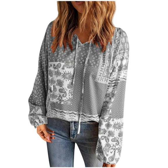 Uootdi Women's Boho Patchwork Print Hoodie Long Sleeve Drawstring V Neck Casual Fall Festival Hippie Trendy Top Gray Women Tops