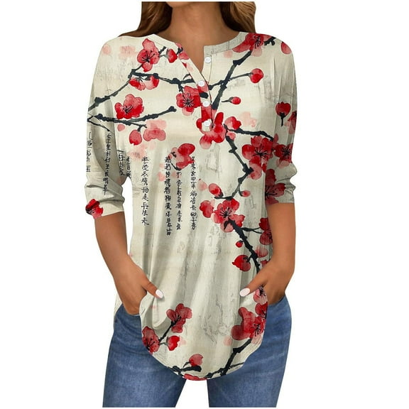 Uootdi Women's Boho Watercolor Cherry Blossom Print Buttoned Half-Sleeve Loose Fit Casual Tunic Top with Japanese Calligraphy Lightweight Breathable Summer Shirt Trendy Beach Vacation Fashion