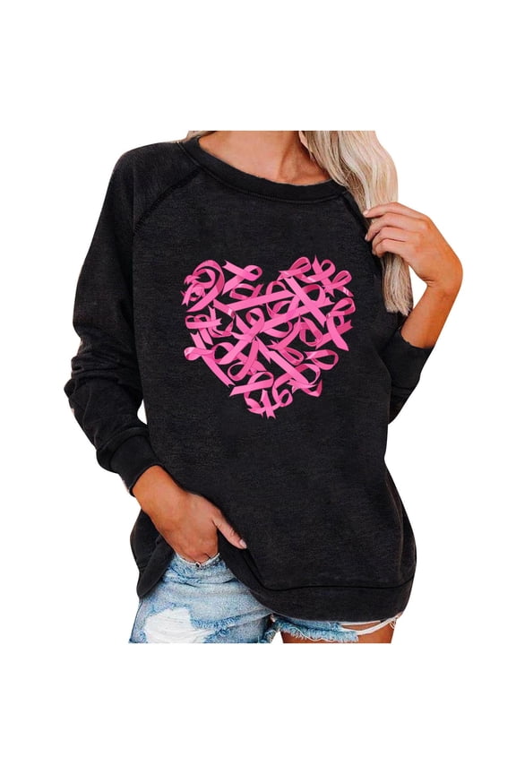 Women's Breast Cancer Awareness Gift Long Sleeve Shirts Funny Pink Ribbon Heasrt Graphic Love Print Inspirational Tees F ashion Blouses