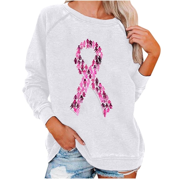 Uootdi Women's Breast Cancer Awareness Gift Long Sleeve Shirts Funny Pink Ribbon Heasrt Graphic Love Print Inspirational Tees F ashion Blouses