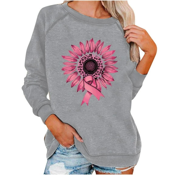 Uootdi Women's Breast Cancer Awareness Gift Long Sleeve Shirts Funny Pink Ribbon Heasrt Graphic Love Print Inspirational Tees F ashion Blouses