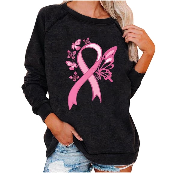 Uootdi Women's Breast Cancer Awareness Gift Long Sleeve Shirts Funny Pink Ribbon Heasrt Graphic Love Print Inspirational Tees F ashion Blouses