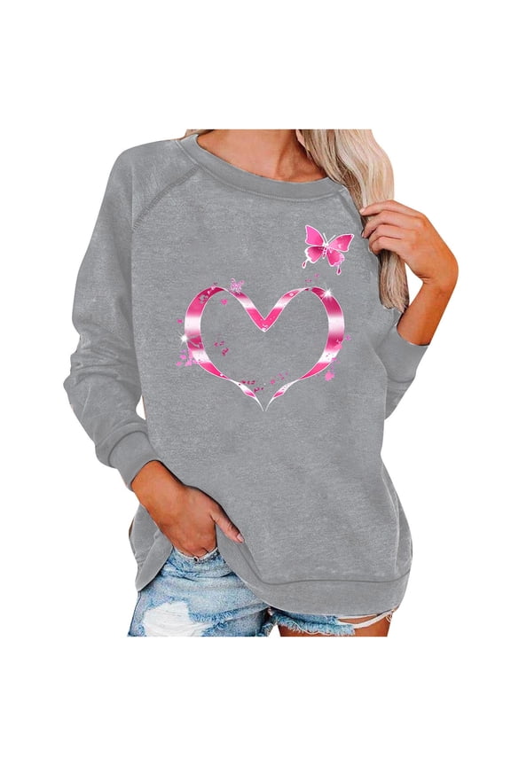 Women's Breast Cancer Awareness Gift Long Sleeve Shirts Funny Pink Ribbon Heasrt Graphic Love Print Inspirational Tees F ashion Blouses