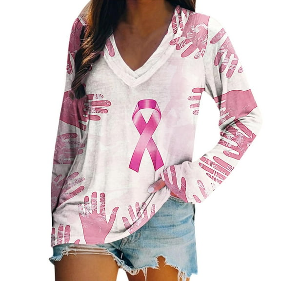 Uootdi Women's Breast Cancer Awareness Shirt Pink Ribbon Graphic V - Neck Top Casual Long Sleeve Tee Support Survivor Apparel Pink Women Tops