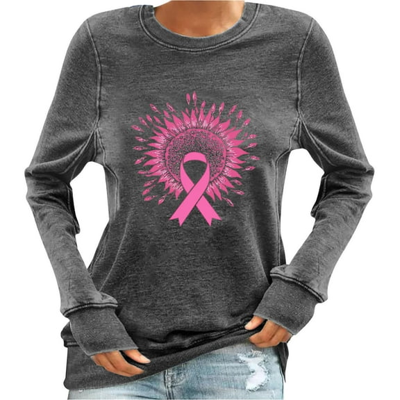 Uootdi Women's Breast Cancer Awareness Sunflower Pink Ribbon Graphic Crewneck Casual Fall Support Top Gray Women Tops