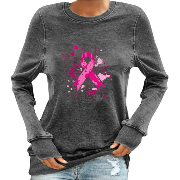 Uootdi Women's Breast Cancer Awareness Sweatshirt Pink Ribbon Butterfly Graphic Long Sleeve Casual Fall Support Pullover Gray Women Tops