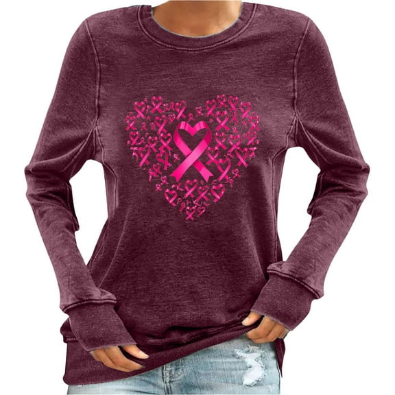 Uootdi Women's Breast Cancer Awareness Sweatshirt Pink Ribbon Heart Graphic Crewneck Casual Fall Support Top Wine Women Tops