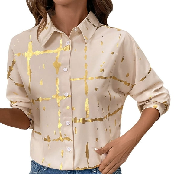 Uootdi Women's Button Down Shiny Blouse Long Sleeve Collared Top Loose Fit Casual Shirt with Gold Print Trendy Party Fashion Apparel Khaki Women Top