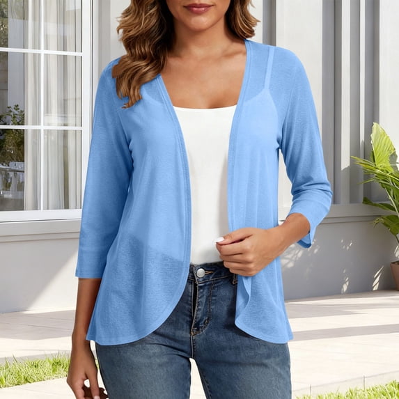 Uootdi Women's Cardigans Open Front 3/4 Sleeve Solid Casual Tops Summer Vacation Style Lightweight Breathable Loose Fit Outerwear Gift