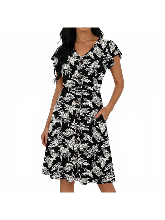Women's Casual Dresses V Neck Short Sleeve Flutter Sleeve Floral Pattern Button Placket Pocket T-Shirt Dresses City Soft Relaxed Mini Dresses Gift