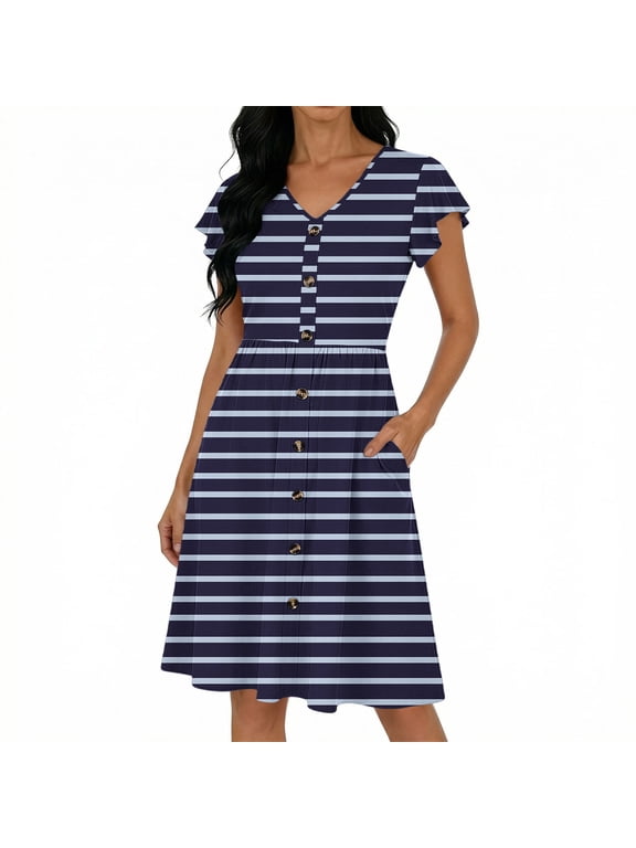 Women's Casual Dresses V Neck Short Sleeve Ruffle Button Pocket T-Shirt Dresses Daily Lightweight Loose Dresses Gift
