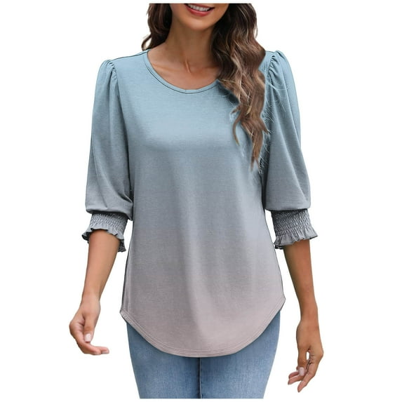 Uootdi Women's Casual Gradient Print Round Neck Puff Half - Sleeve Shirt, Loose Fit Flowy Tunic Top, Trendy Summer Fashion for Beach & Daily Wear Light Blue Womens Tops