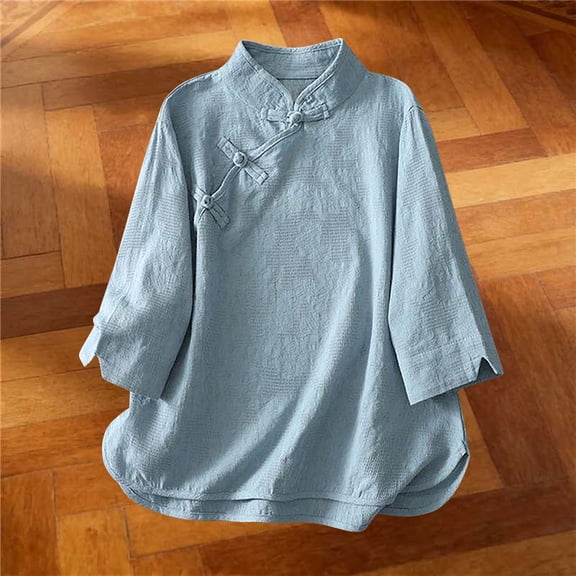 Uootdi Women's Casual Tops 3/4 Sleeve Mandarin Collar Floral Embroidered Blouses Traditional Chinese Style Breathable Loose Fit Tees Gift